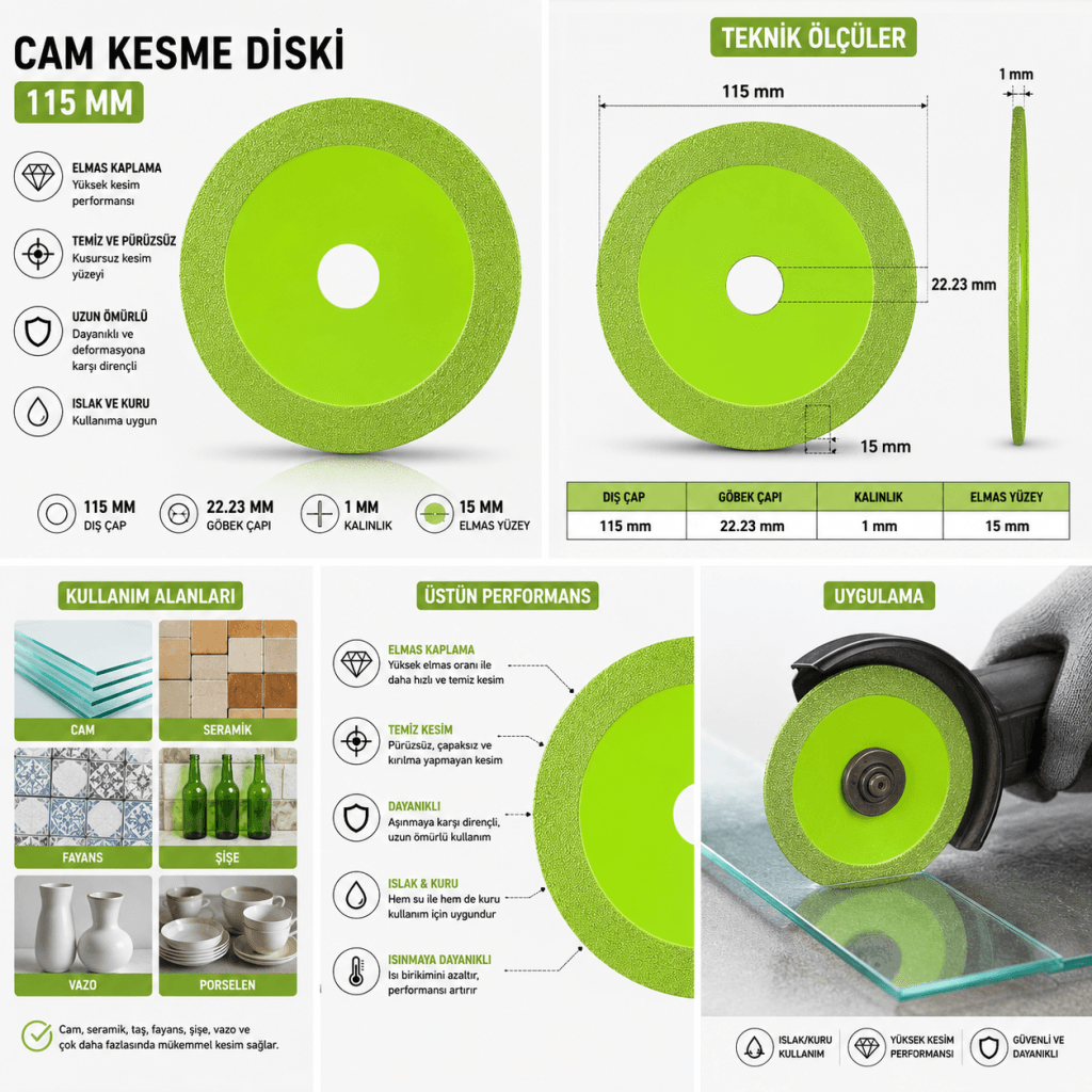 Cam Seramik Taş Fayans Şişe Vazo Kesme Diski 115 mm
